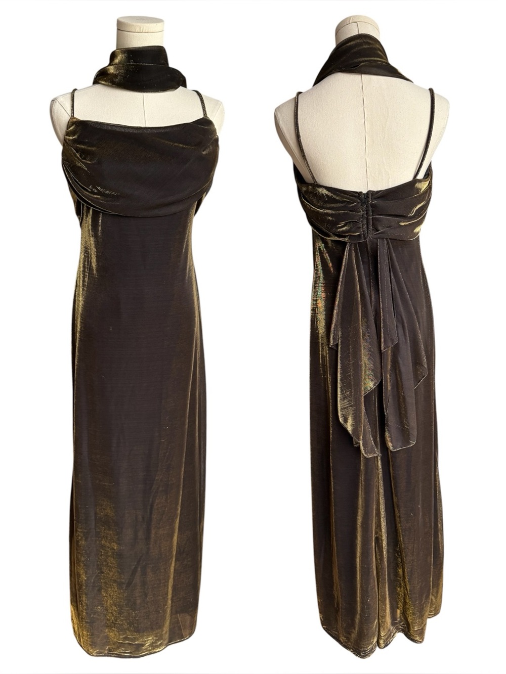 Vintage Y2K Metallic Evening Gown Maxi Dress Small Black Gold Prom Formal Scarf